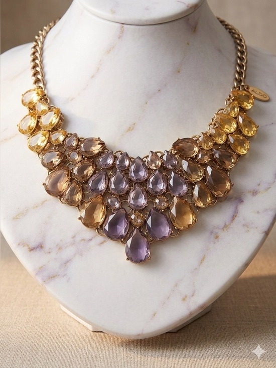Jewelry - Aldo Statement Teardrop Bib Necklace in Amber and Smoky Purple 1940